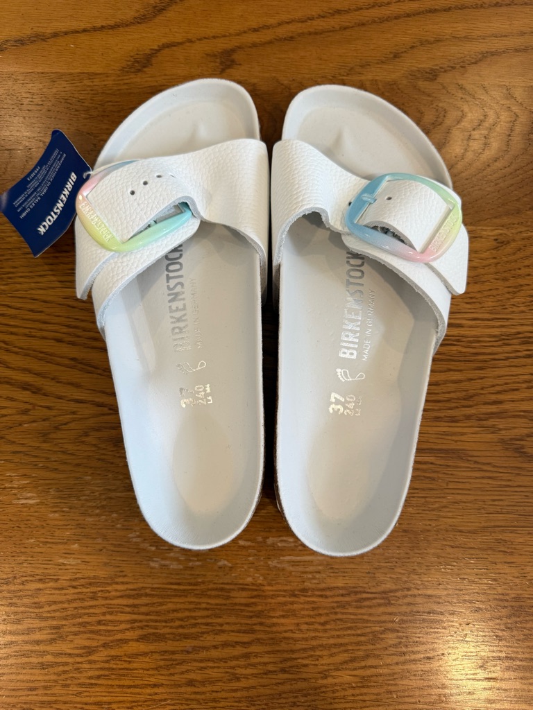 Birkenstock White Sandals With Pastel Rainbow Buckles